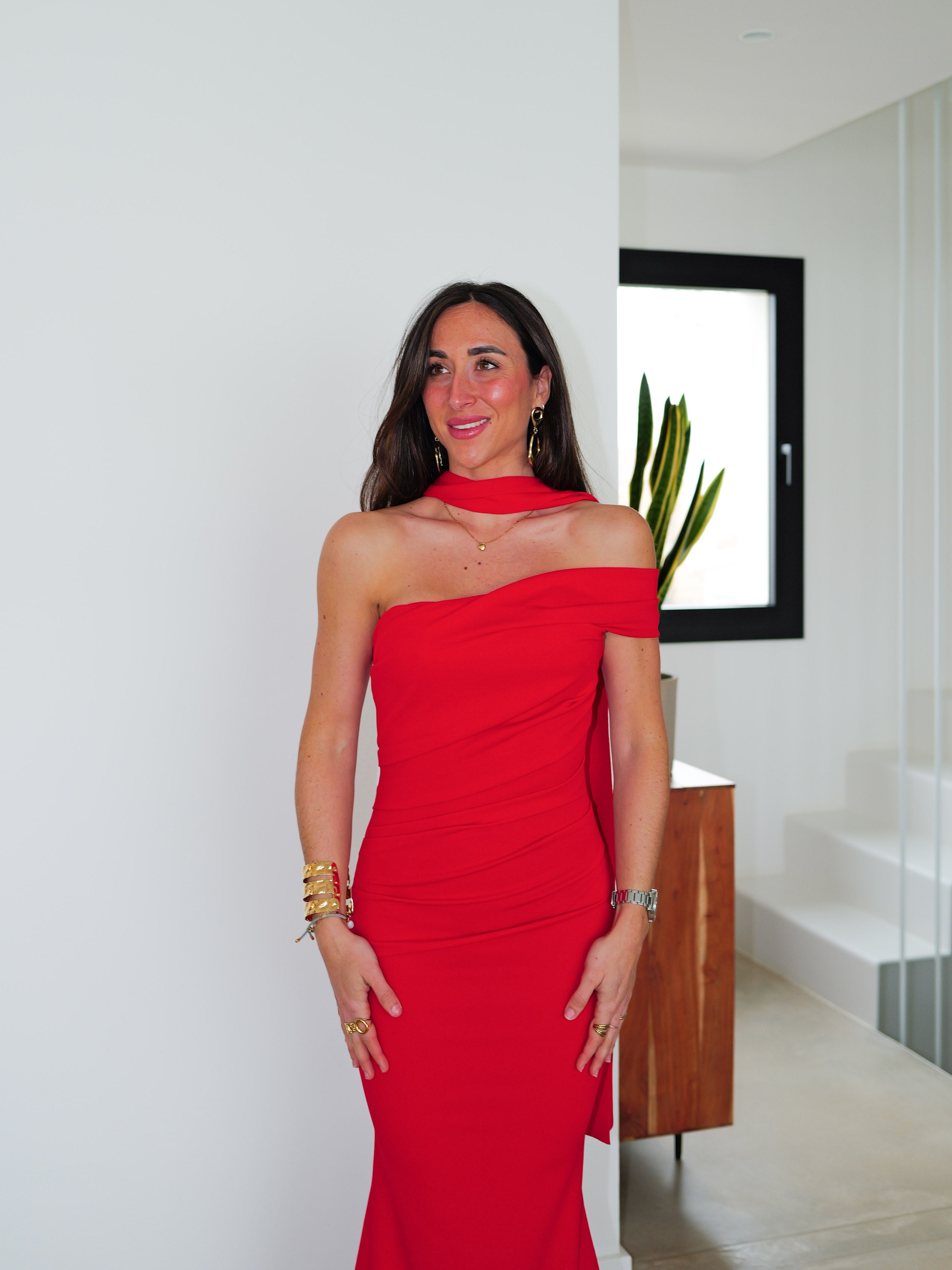 Vestido choker frunce asimétrico rojo