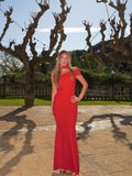 Vestido choker frunce asimétrico rojo