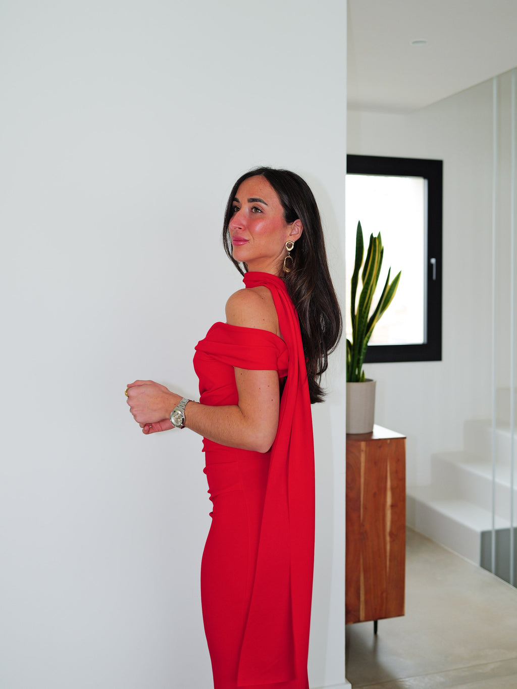 Vestido choker frunce asimétrico rojo