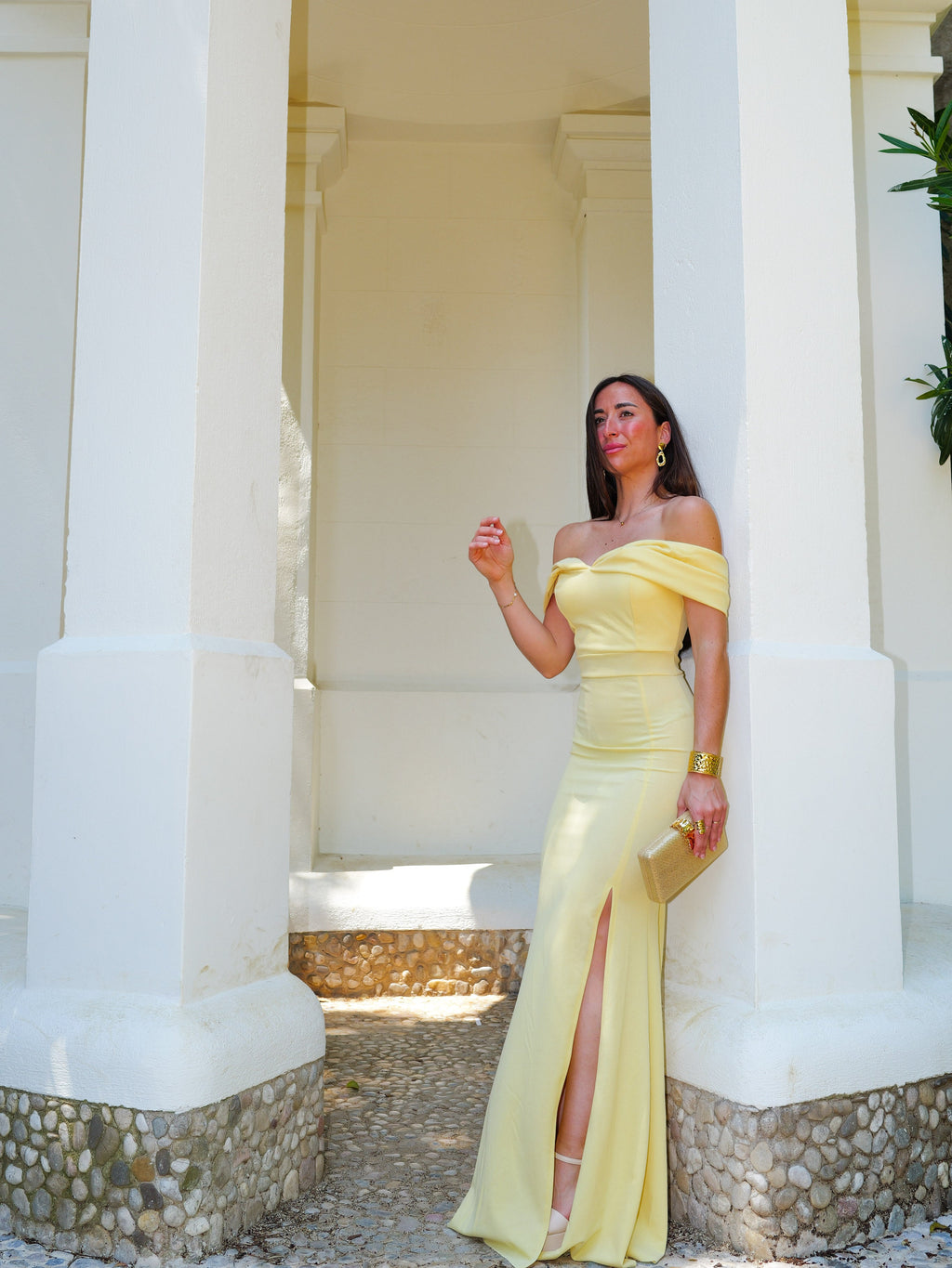 Vestido bardot efecto lazo amarillo