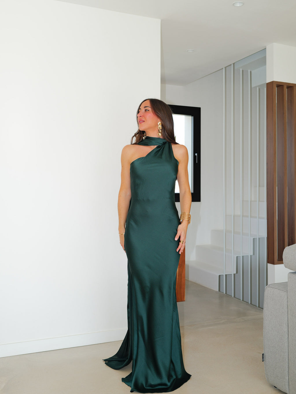 Vestido largo raso choker botella