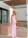 Vestido largo frunce palabra choker rosa