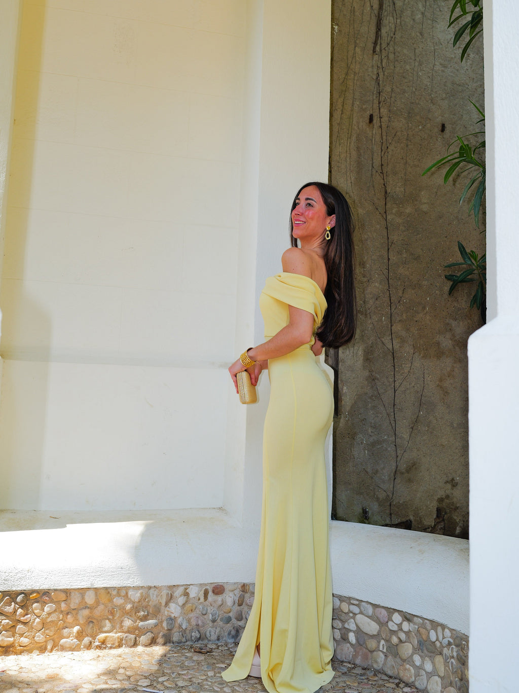 Vestido bardot efecto lazo amarillo