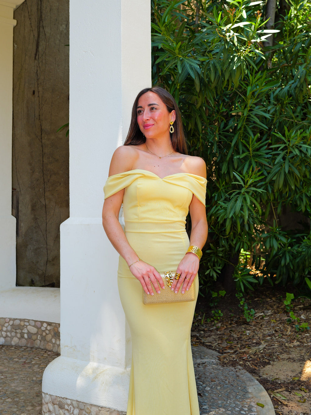 Vestido bardot efecto lazo amarillo