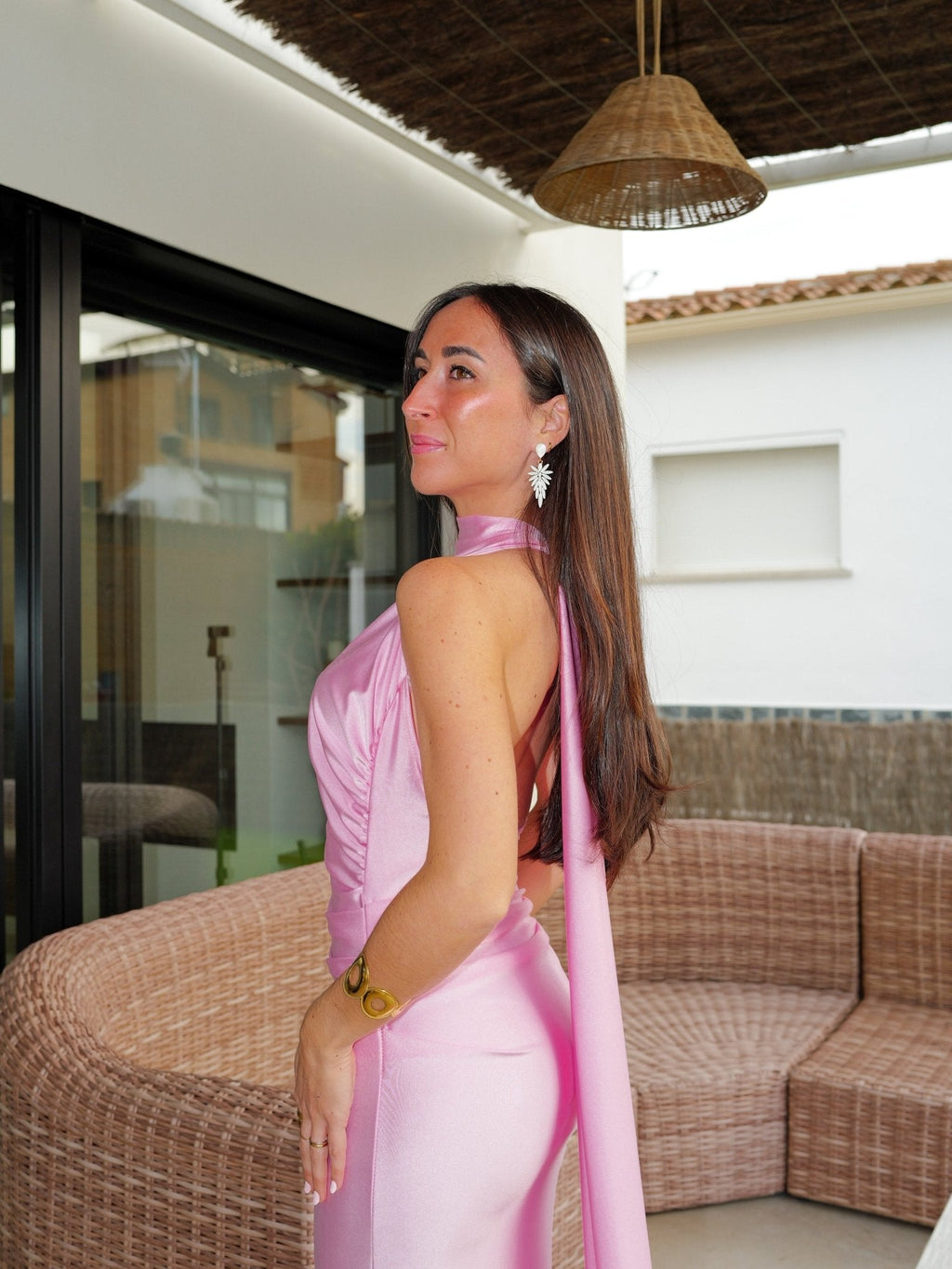 Vestido halter fruncido espalda rosa
