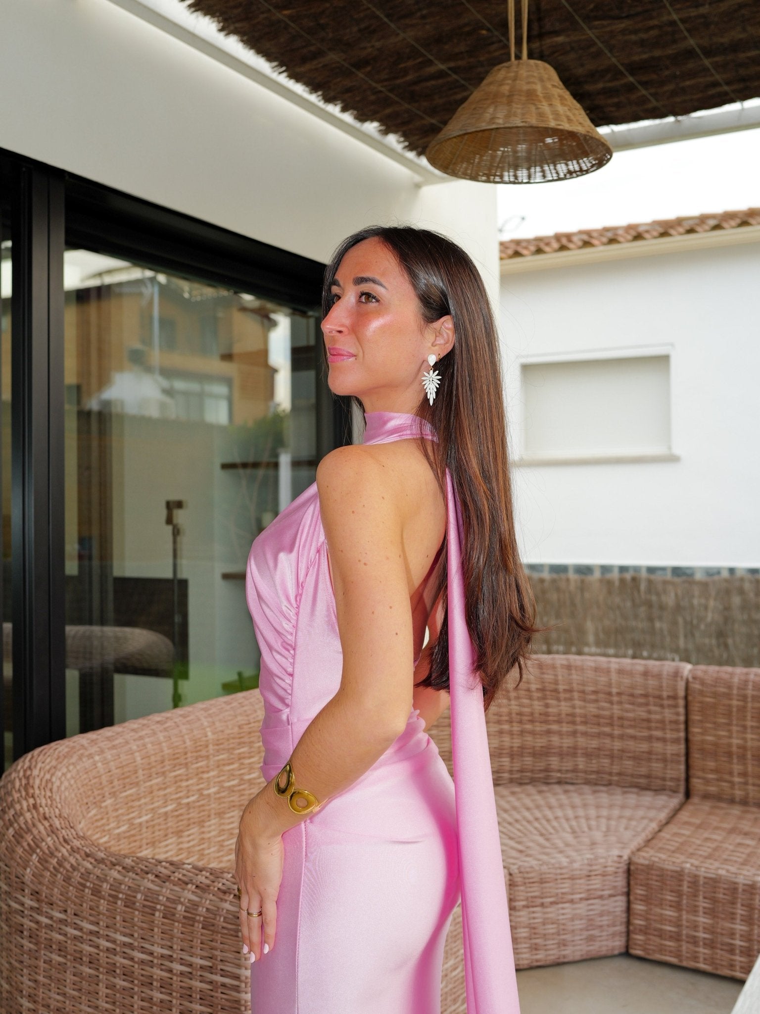 Vestido halter fruncido espalda rosa