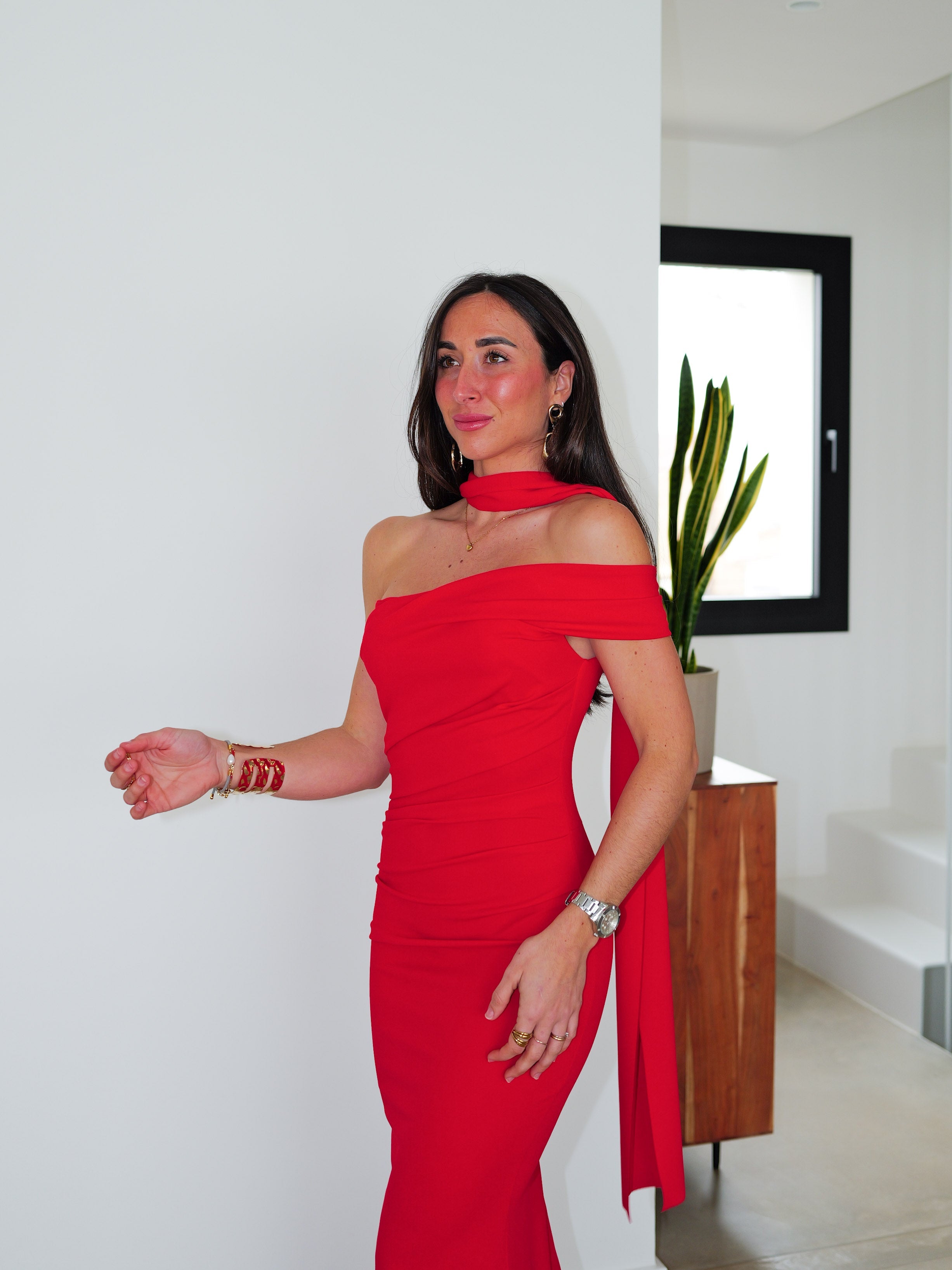 Vestido choker frunce asimétrico rojo