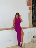 Vestido cascada tulle berenjena