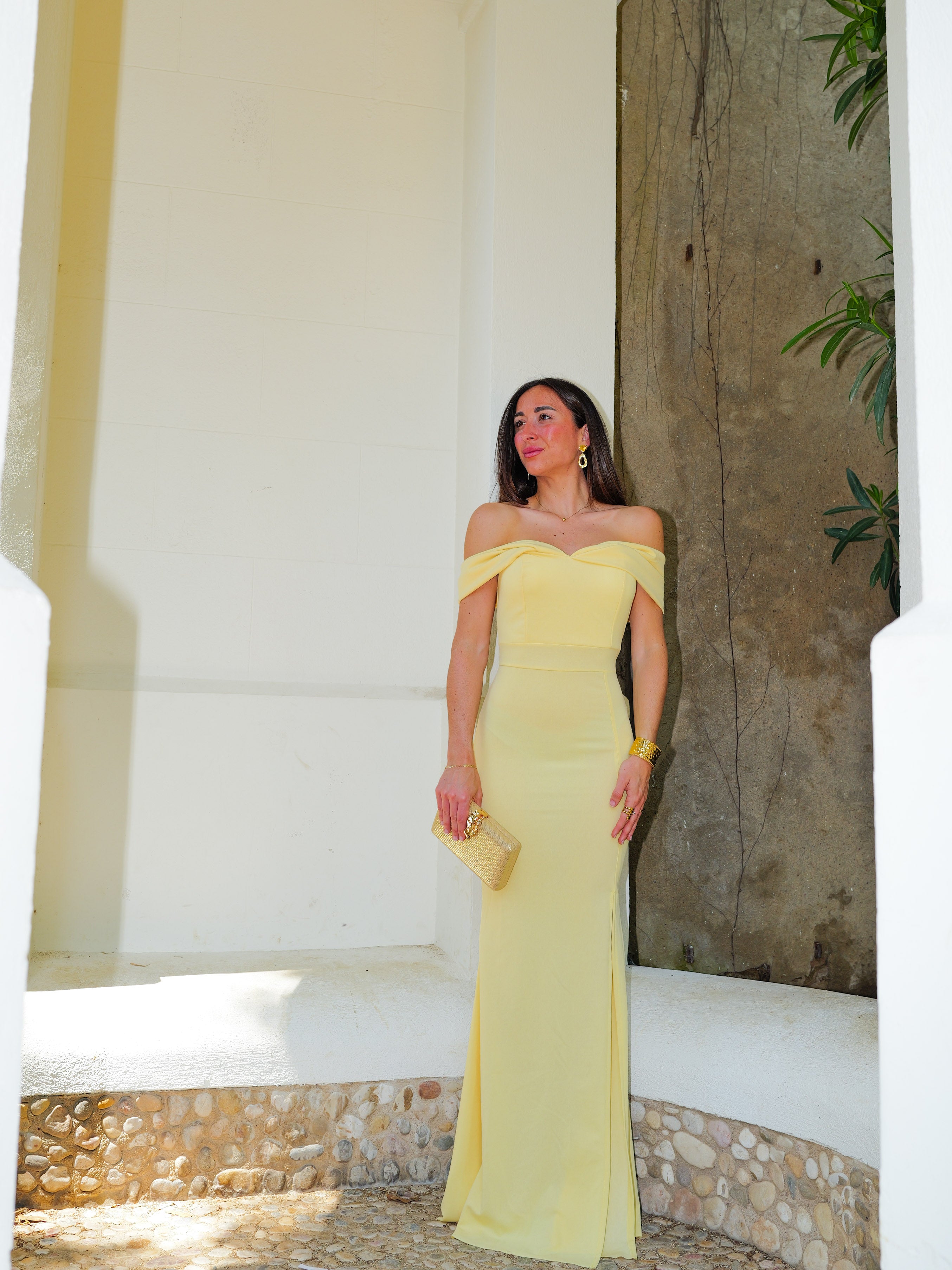 Vestido bardot efecto lazo amarillo