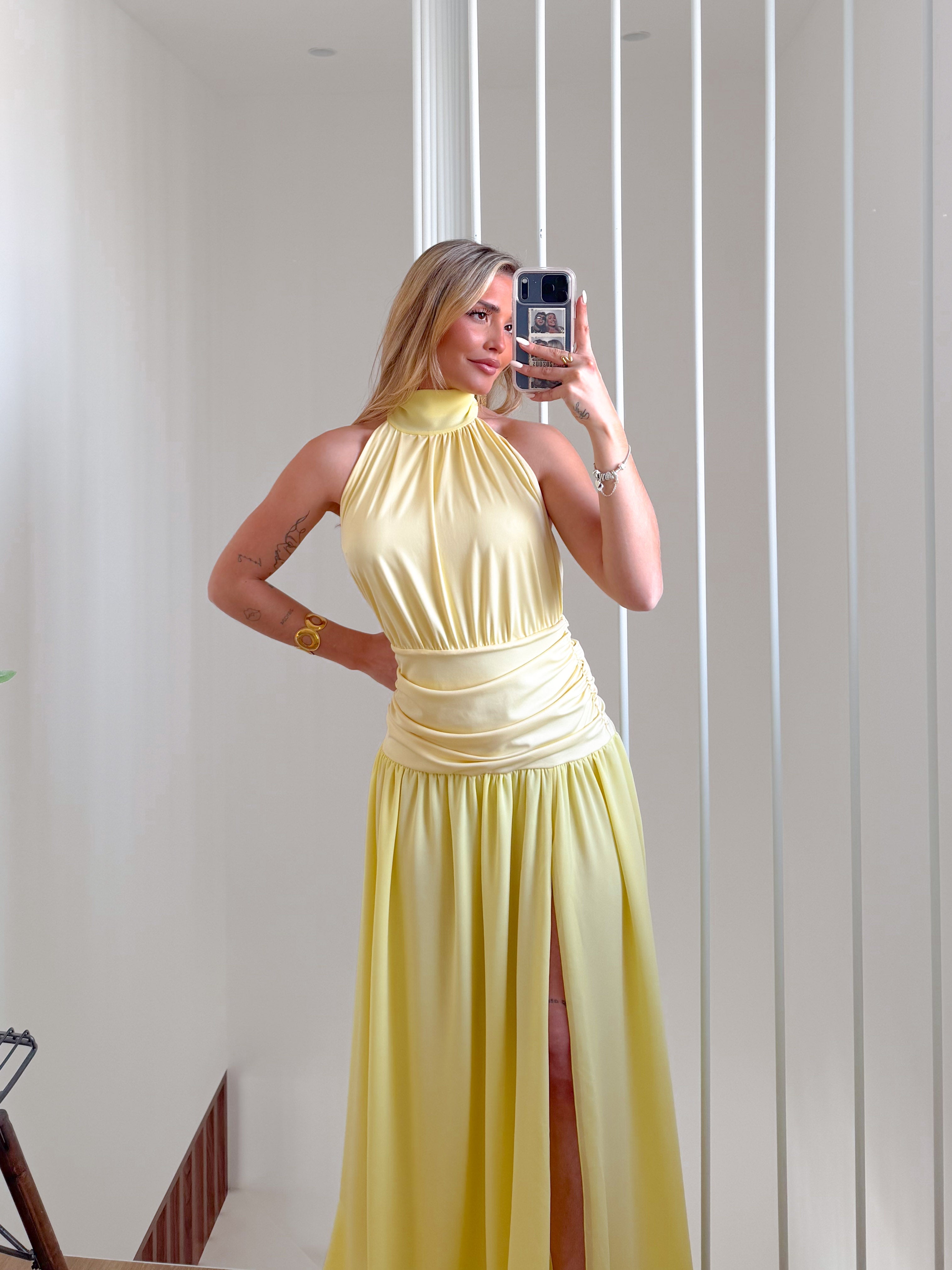 Vestido largo falda georgette amarillo