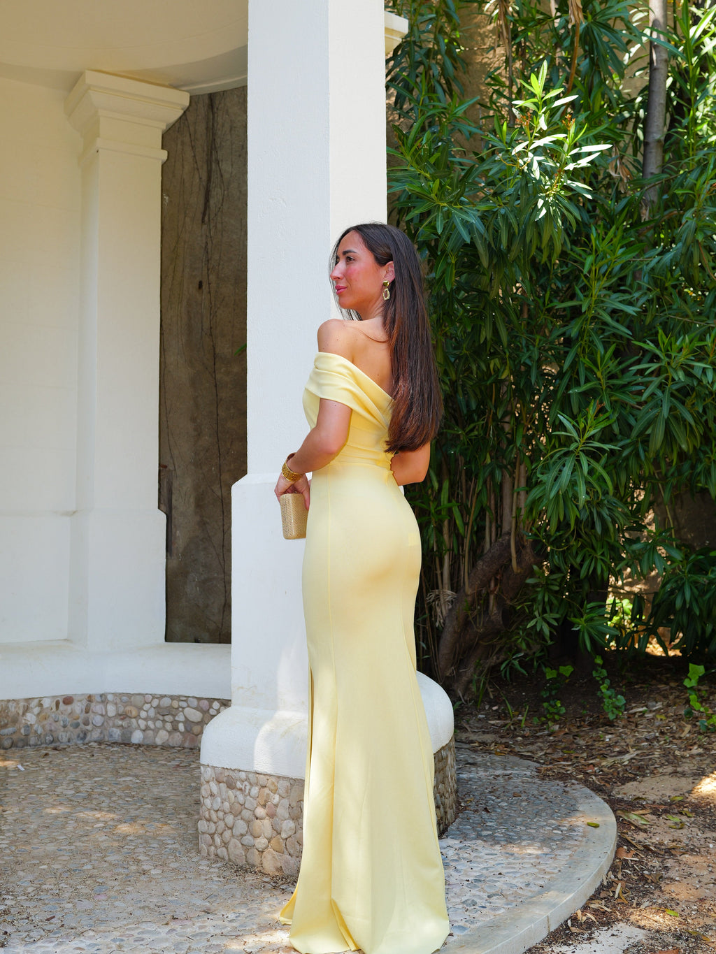 Vestido bardot efecto lazo amarillo