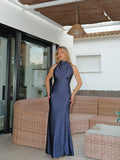 Vestido halter fruncido espalda marino