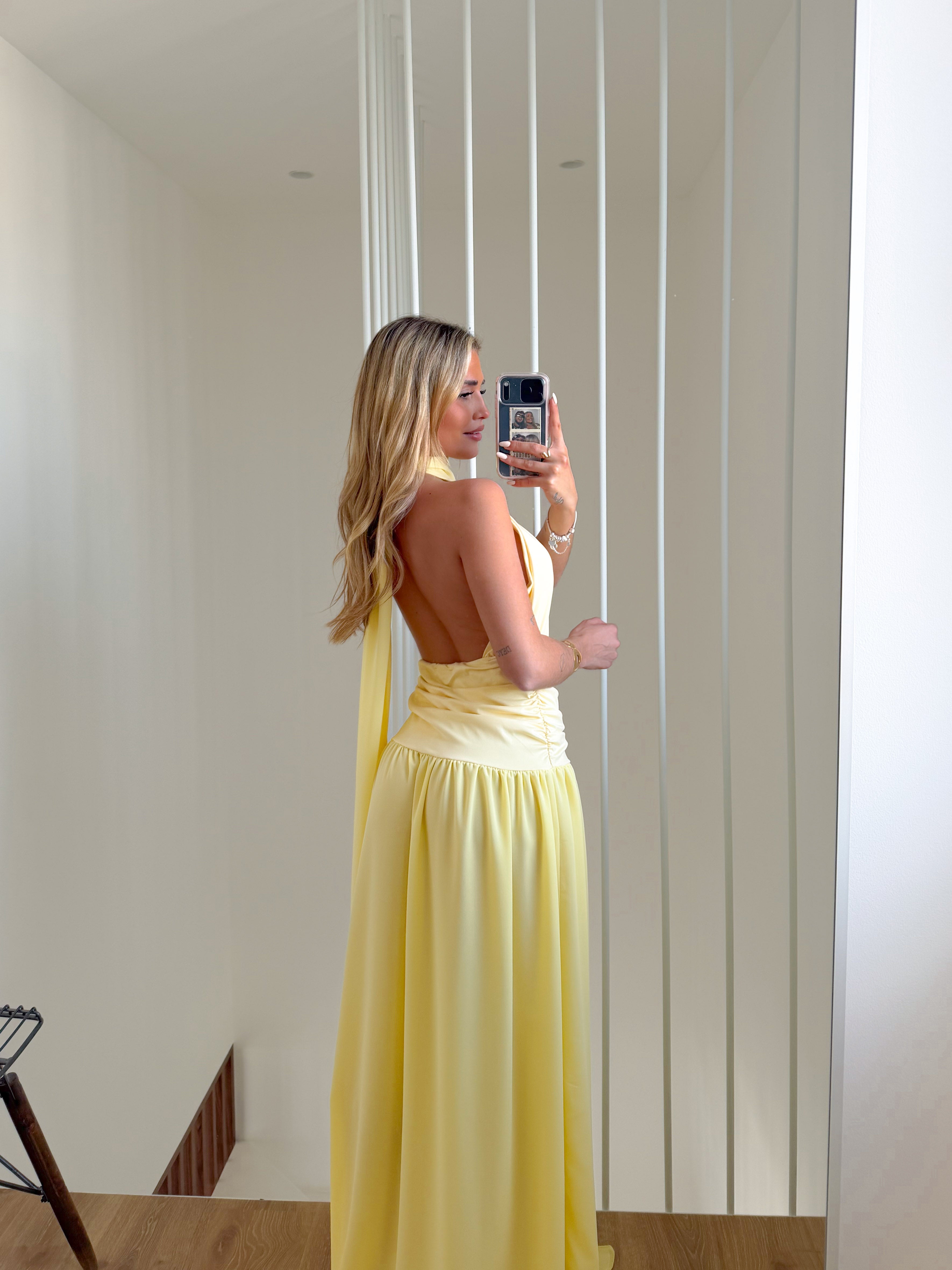 Vestido largo falda georgette amarillo