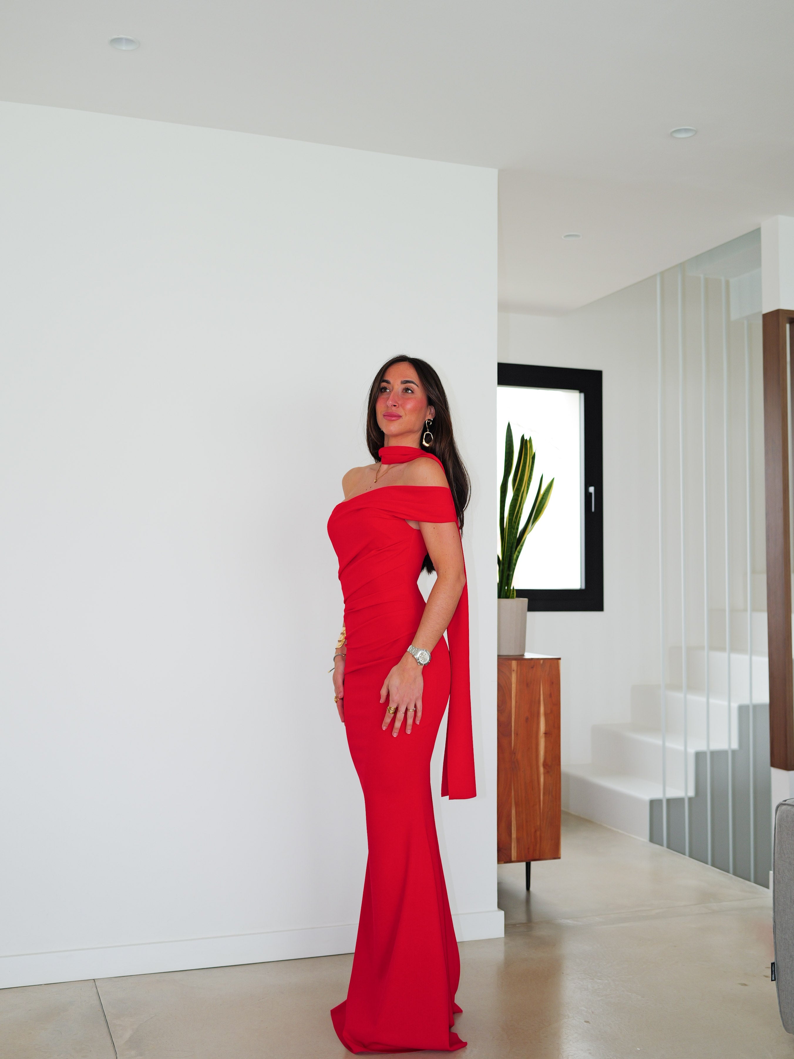 Vestido choker frunce asimétrico rojo