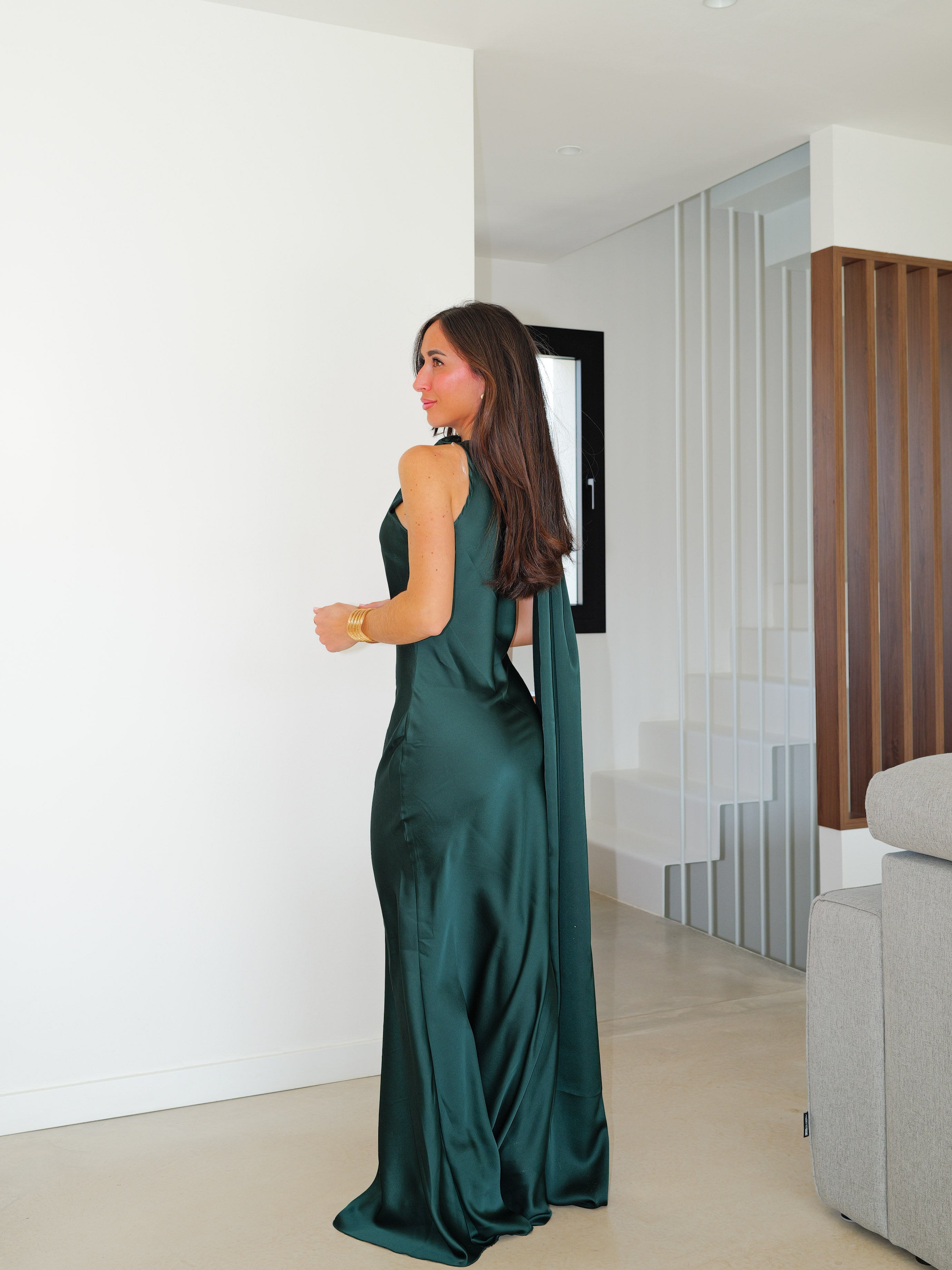 Vestido largo raso choker botella
