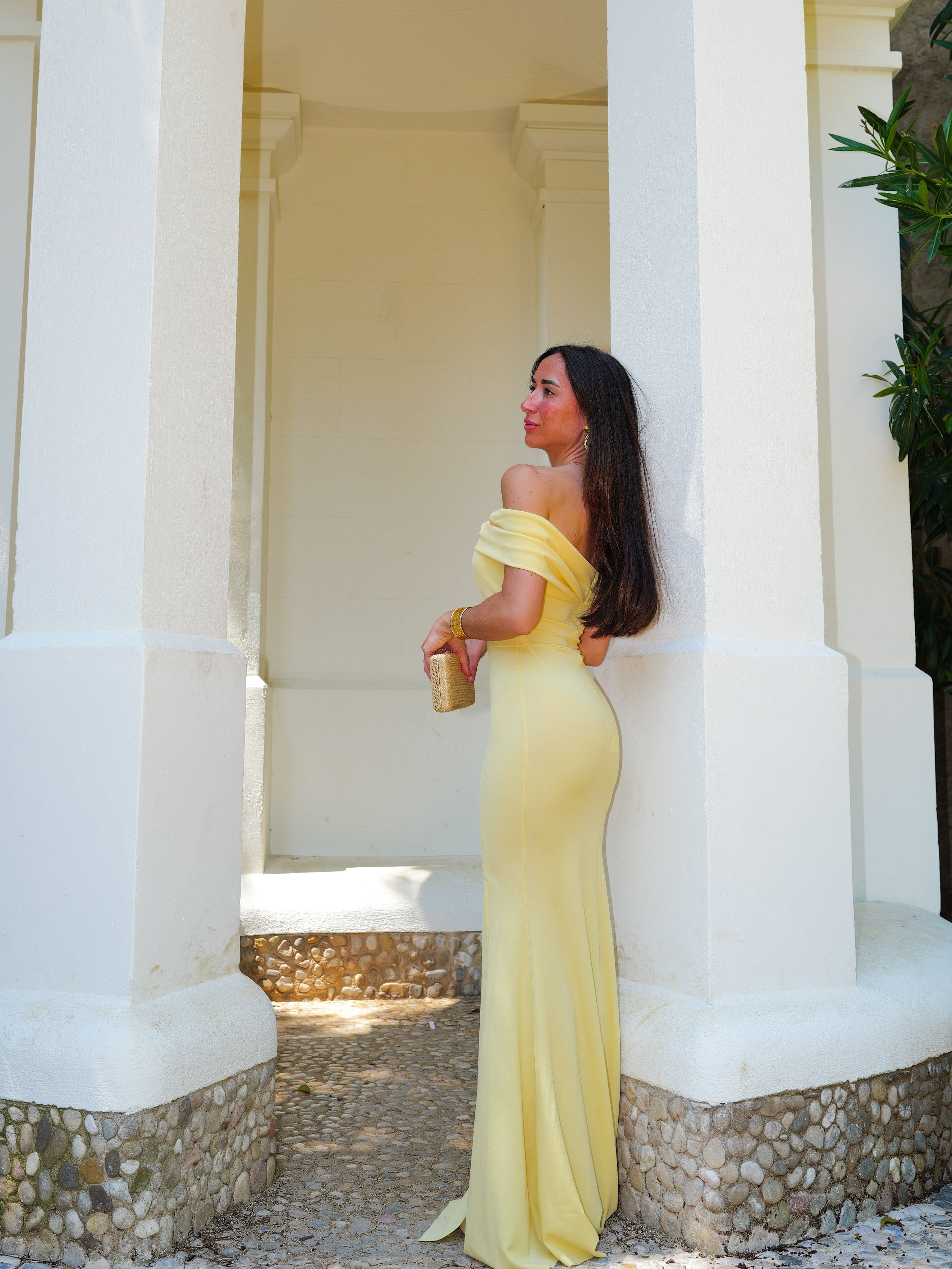 Vestido bardot efecto lazo amarillo